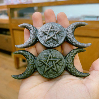 Tripple moon đá Obsidian có khắc biểu tượng ngôi sao Pentacle, Đá bảo vệ, Healing