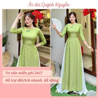  Áo dài gấm áo dài gấm thái tuấn đính ngọc kết hoa nổi áo dài thiết kế màu xanh cốm Áo dài Quỳnh Nguyễn MÃ G25 