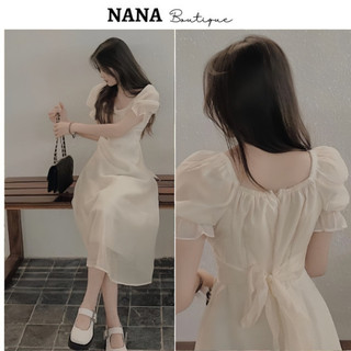 Váy dự tiệc dáng dài cổ vuông,  chất liệu tơ nến phong cách tiểu thư sang chảnh