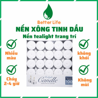 Nến tealight hoa mai viên tròn mini màu trắng cháy 4 giờ hộp 100v dùng đốt đèn xông tinh dầu và trang trí tiệc