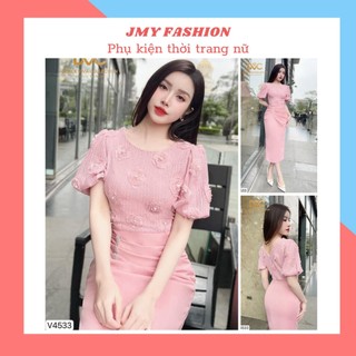 V4533 Váy hồng dáng ôm bút chì công sở phối ren hoa nổi sang chảnh [Dolce Viva Colection (DVC)] đầm body hồng dự tiệc