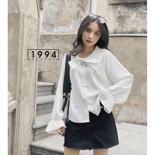 Áo sơ mi tay nữ tay dài phối nơ màu trắng phong cách tiểu thư