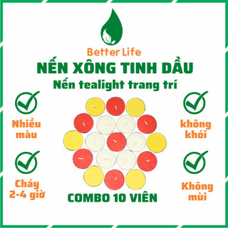 Nến tealight đốt đèn xông tinh dầu combo 10 viên cháy 2h và 4h màu trắng, vàng, đỏ