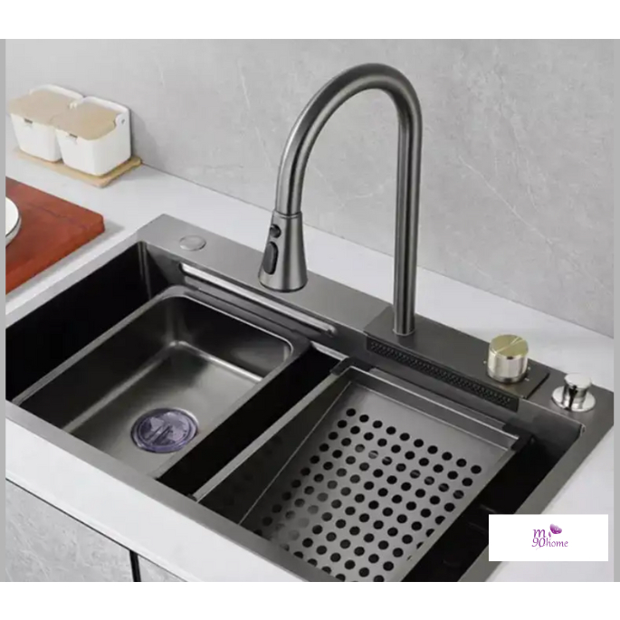 Bộ chậu rửa bát 1 ngăn lớn 78x46 75x45 đẹp gồm vòi thác, vòi dây rút, rổ rửa rau củ, chậu rửa chén I