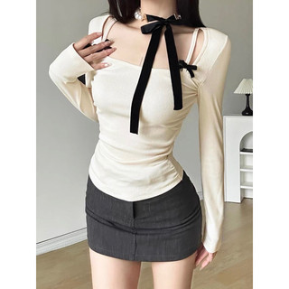 Áo ôm tày dài đính nơ kèm dây cột nơ cổ style coquette
