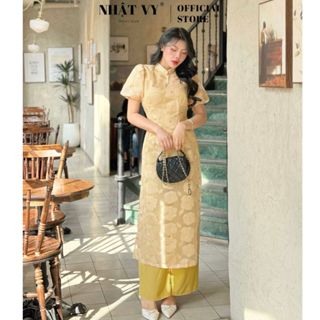 Áo dài Nhật Vy cổ tàu đính nút tay bí chất tơ thêu hoa ánh kim phù hợp đi chơi dạo phố chúc tết sang chảnh - D2922