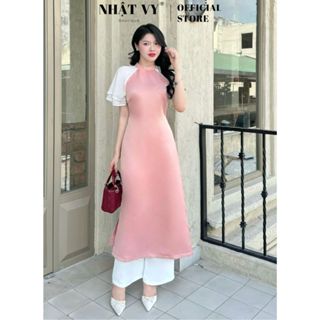 Set áo dài Nhật Vy cổ tàu đính hạt phối tay cánh tiên chất tapta nhẹ nhàng phù hợp đi chơi Tết dạo phố chụp ảnh - D2930