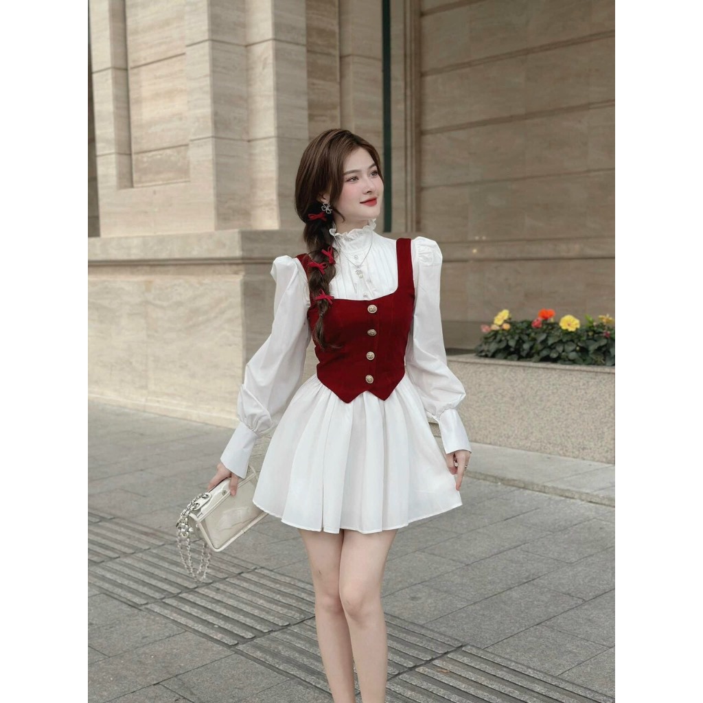 Đầm lụa xòe kèm áo gile siêu xinh MTB