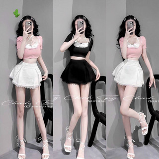 Áo croptop phối ren yếm kèm chân váy ren luôn siêu xinh pc
