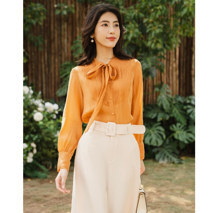 Áo sơ mi nữ HeraDG tơ bấu li thiết kế buộc nơ thanh lịch chất liệu tơ cao cấp SAKBD1006