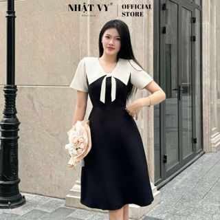 Đầm công sở Nhật Vy cổ tim phối bèo nơ form dáng xoè chất lụa phù hợp đi chơi dạo phố sang chảnh - D2875