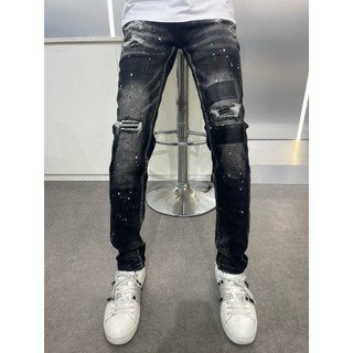 Quần jean ds đen xám may vá 2 miếng da đen mã ds49-2