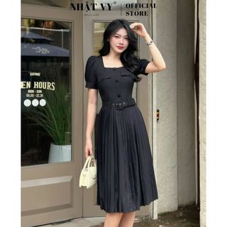 Đầm dập ly Nhật Vy cổ vuông đính nút bọc kèm dây belt chất lụa phù hợp công sở dạo phố sang chảnh - D2863