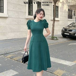 Đầm dự tiệc Nhật Vy cổ tròn đính cúc bọc eo dập ly dáng xoè chất lụa phù hợp công sở đi chơi sang trọng - D2820