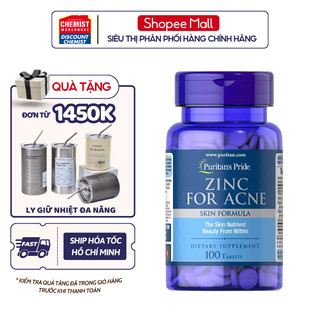 Viên uống giảm mụn nội tiết, mụn đầu đen Puritan's Pride Zinc For Acne của Mỹ bổ sung ZinC, Vitamin C hộp 100 viên