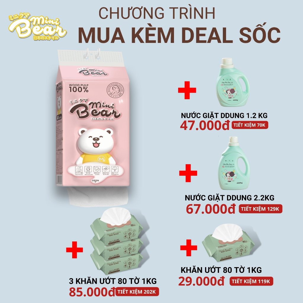 Khăn giấy rút minibear treo tường 1280 tờ, dập vân 4D, siêu dai và mềm mịn.