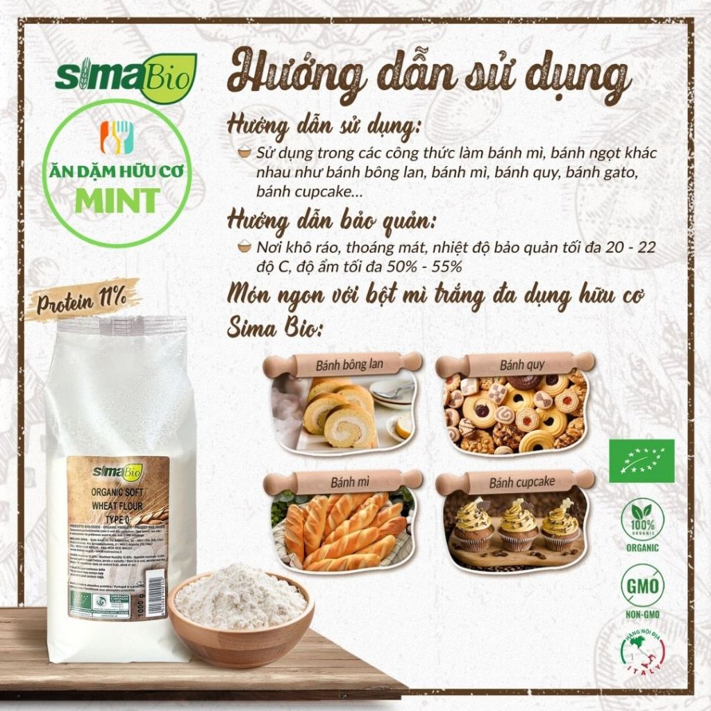 Bột mì trắng hữu cơ đa dụng Sima bio 1kg làm bánh, nấu ăn cho bé - Mint ăn dặm