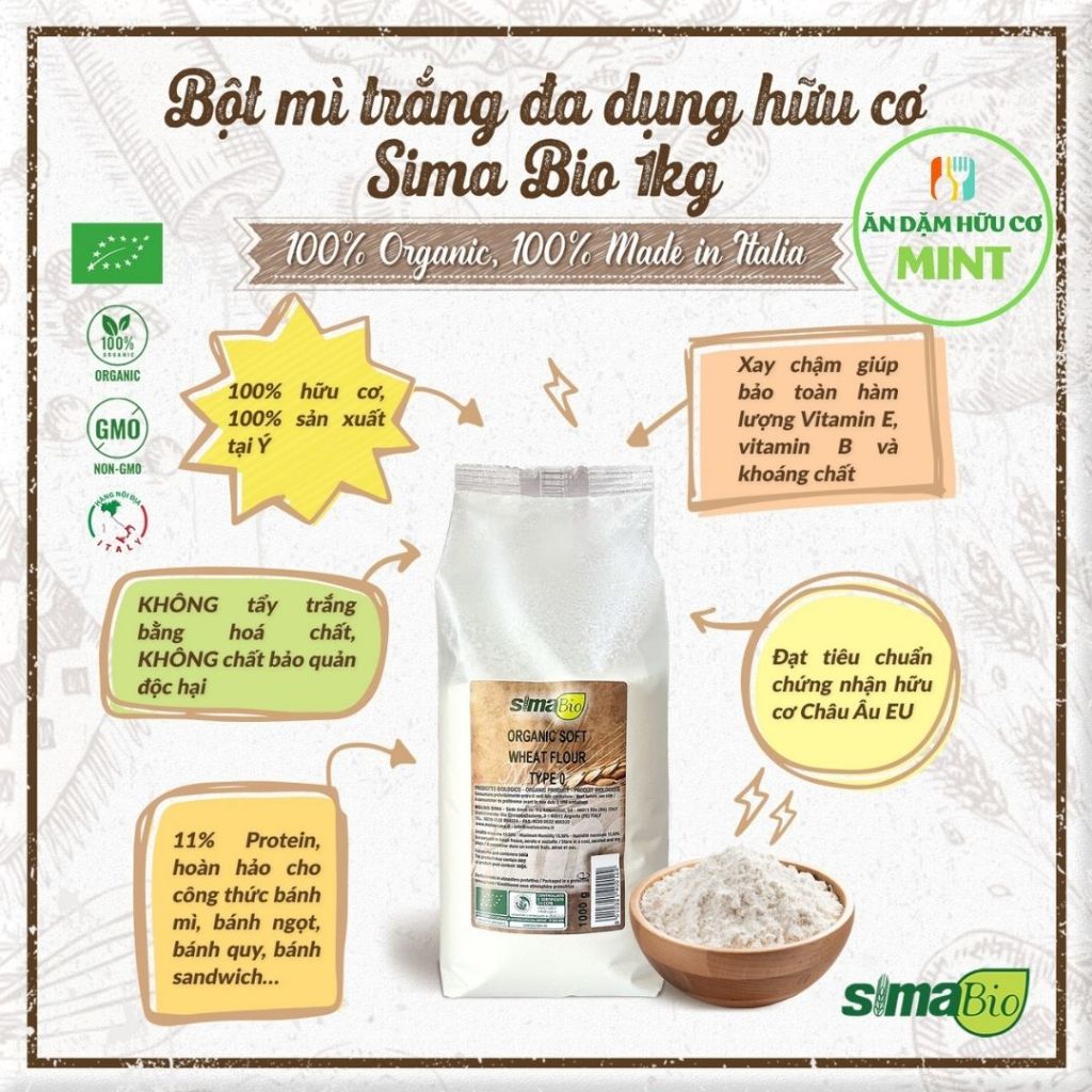 Bột mì trắng hữu cơ đa dụng Sima bio 1kg làm bánh, nấu ăn cho bé - Mint ăn dặm