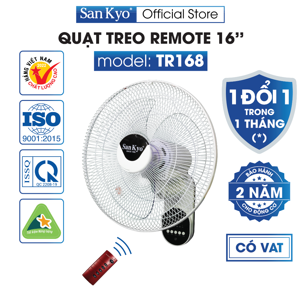 Quạt Treo Tường Remote 168 Sankyo – Động Cơ Dây Đồng 100% – Điều Khiển Từ Xa – Hẹn Giờ – 16 Inch