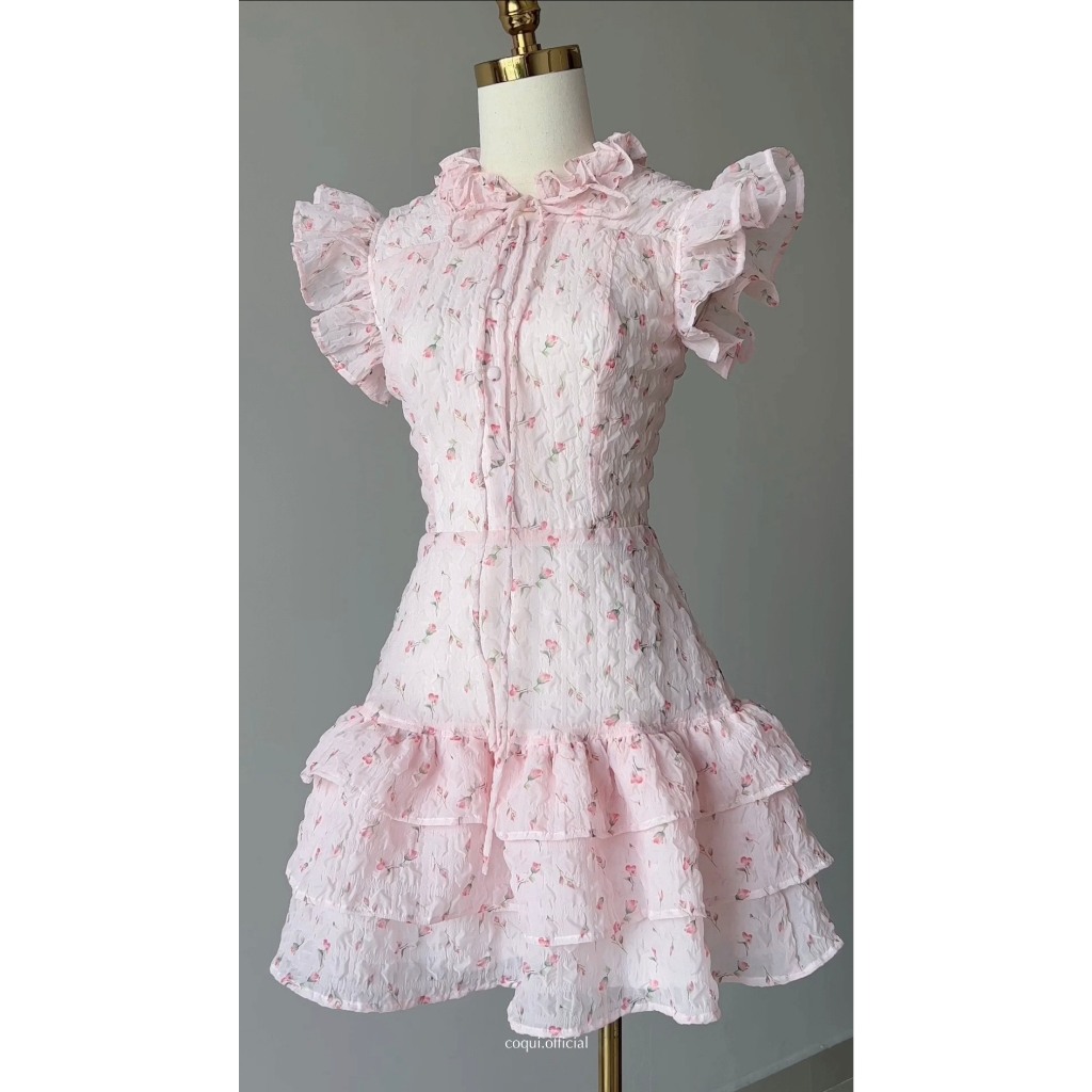 Đầm tiểu thư tơ hoa nhí dáng xoè ngắn COQUI, váy thiết kế nữ sang chảng phối tầng bồng bềnh NANA DRESS | BigBuy360 - bigbuy360.vn