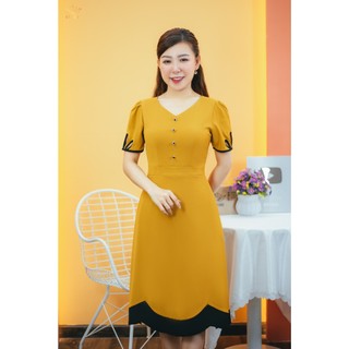 Đầm xòe trung niên  Cổ tim kết nút tay ngắn màu Vàng nghệ TTV Store thời trang nữ TTV1547