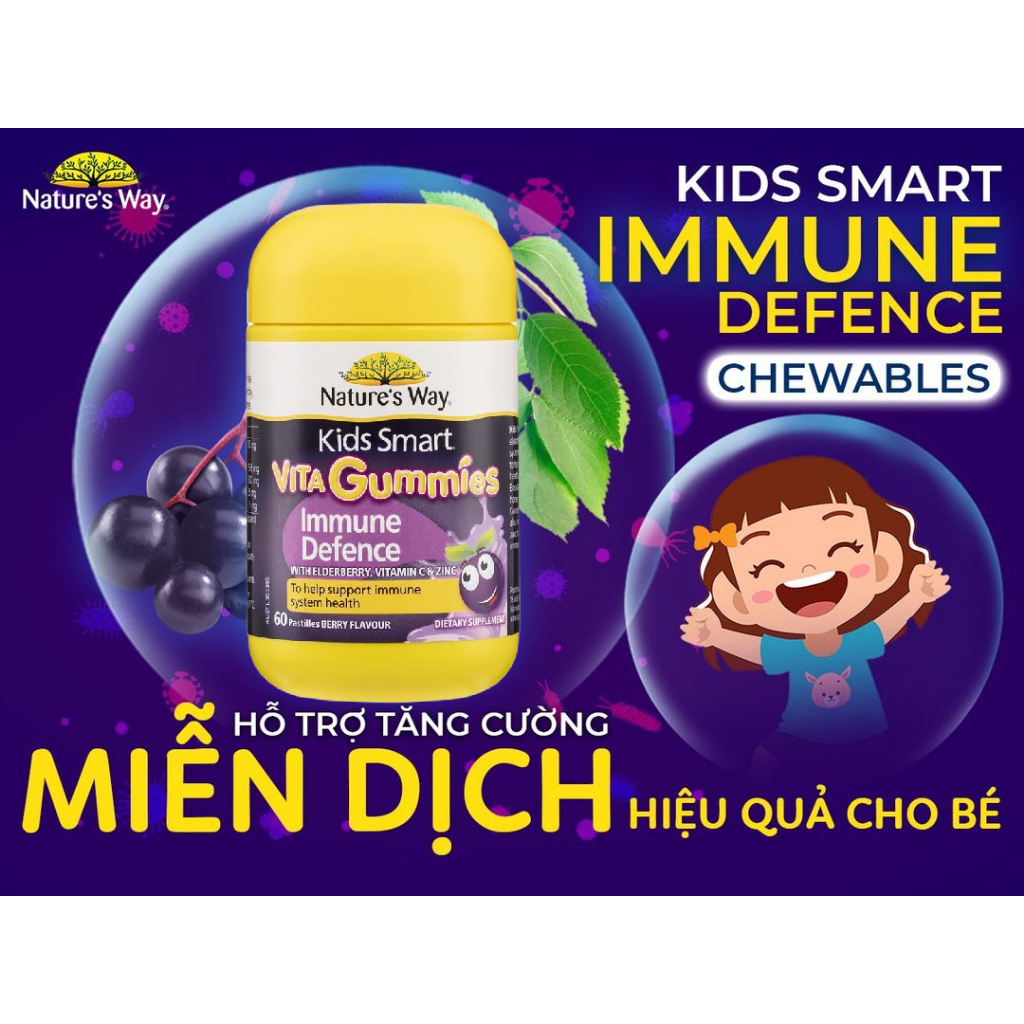 Kẹo dẻo tăng đề kháng nature’s way kids smart immune defence chewables 60 viên Healthy Care tăng hệ miễn dịch