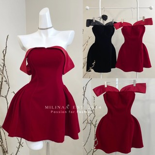 Đầm nhung trễ vai cúp MILINAA đi tiệc, hẹn hò hai màu đỏ đen C2881