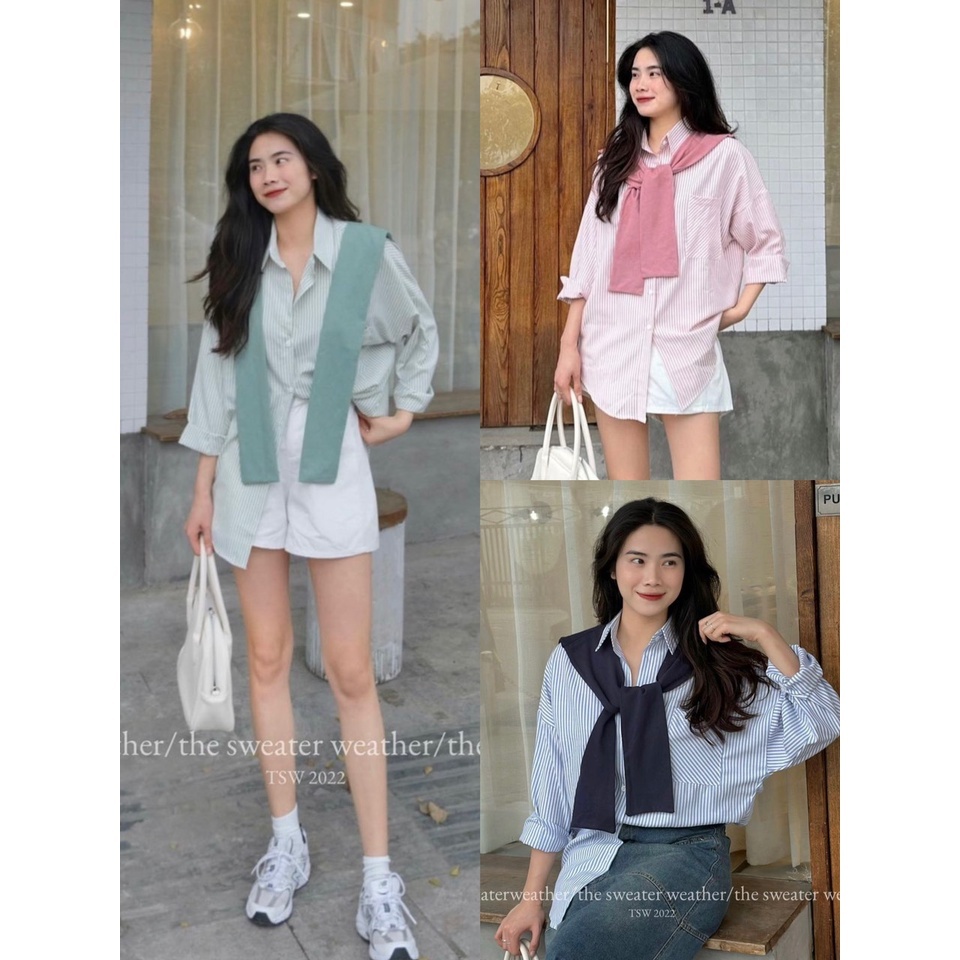 Áo sơ mi kẻ kèm khăn form oversize Hàn quốc 2024 Lymz Store