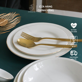 Đĩa tròn cạn viền vàng thật 12k sứ Minh Châu nhiều kích cỡ