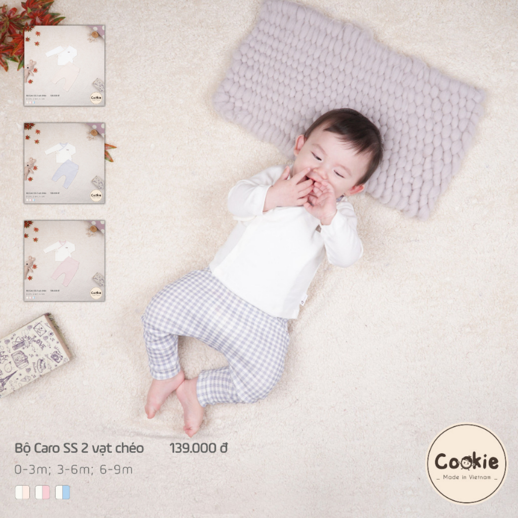 [COOKIE] Bộ caro sơ sinh 2 vạt chéo cho bé size 0-3m & 3-6m & 6-9m