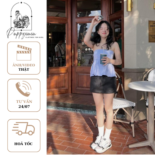 Set áo cup ngực kẻ xanh mix chân váy chữ A Hàn Quốc Puppyiuiu