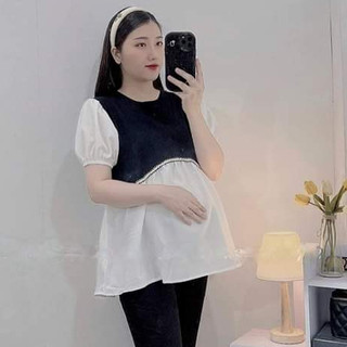 Áo bầu thời trang công sở dáng baby doll chất cotton phối sơ mi tay bồng