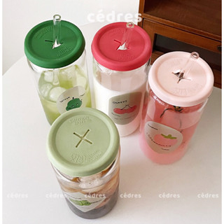 Cốc thuỷ tinh cao cỡ lớn chịu nhiệt có nắp và ống hút hoạt tiết hoa quả đáng yêu ly cafe trà sữa 500ml Cedres