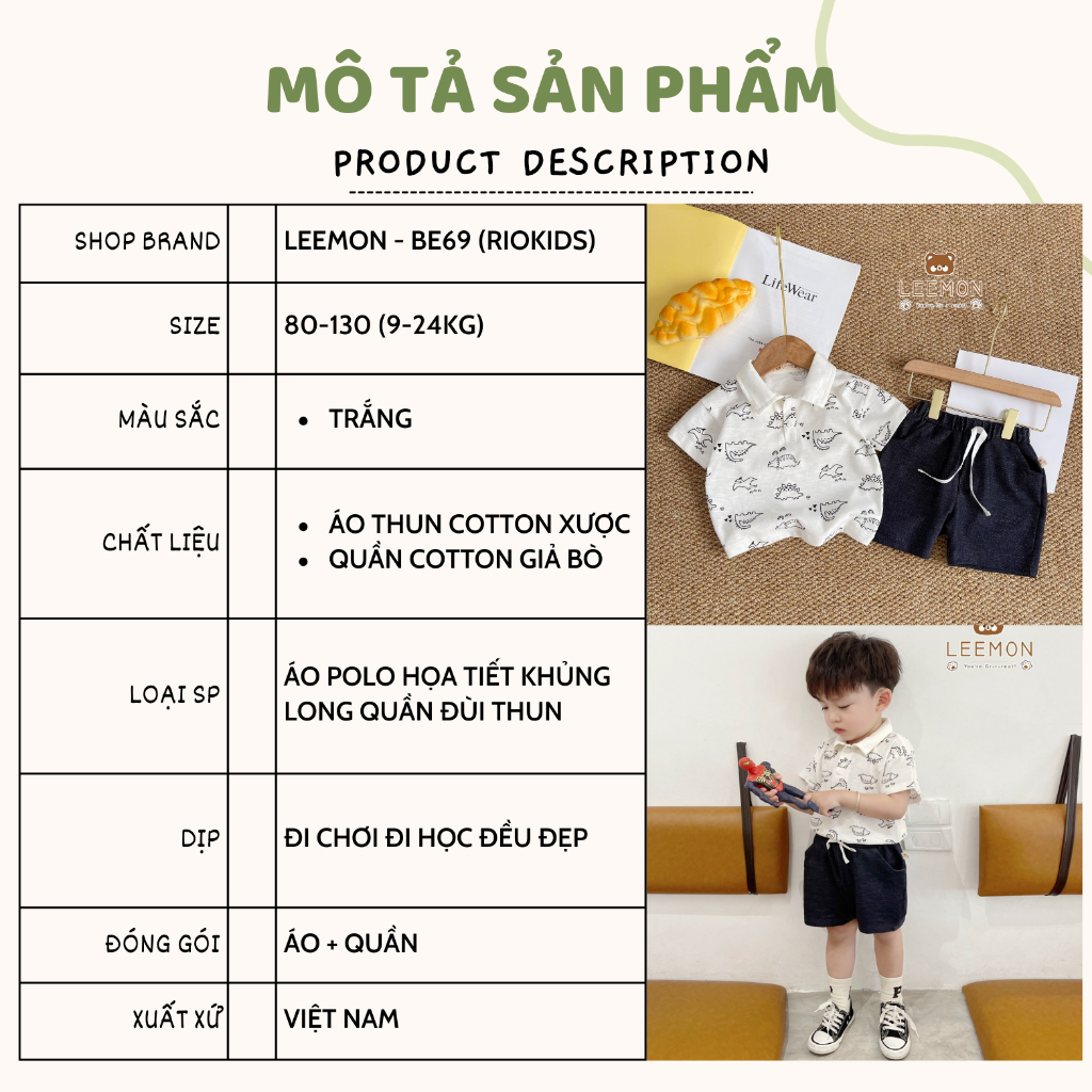Set bộ áo thun polo khủng long quần đùi LEEMON, quần áo bé trai hoạ tiết đáng yêu BE69