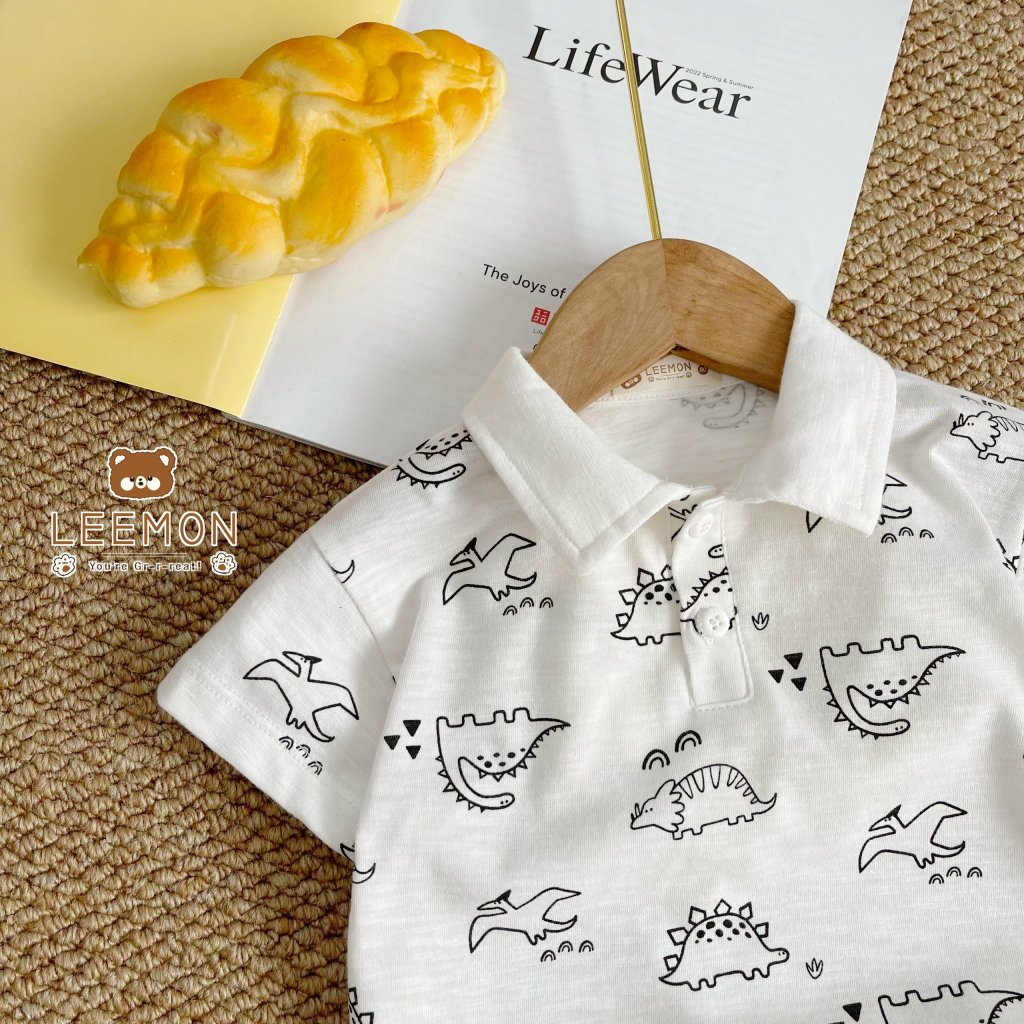 Set bộ áo thun polo khủng long quần đùi LEEMON, quần áo bé trai hoạ tiết đáng yêu BE69