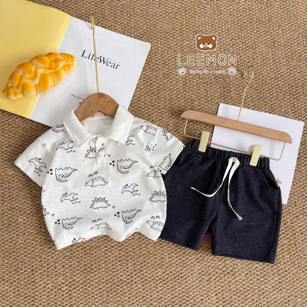 Set bộ áo thun polo khủng long quần đùi LEEMON, quần áo bé trai hoạ tiết đáng yêu BE69