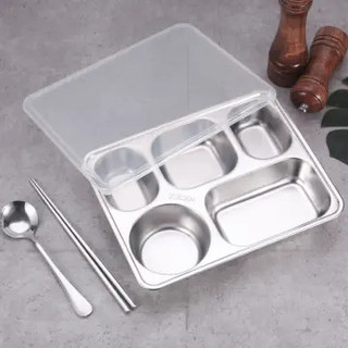 Khay cơm phần 5 ngăn inox kèm nắp loại dày đựng thức ăn - khay sâu lòng