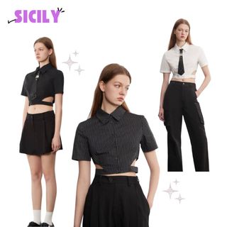 Áo sơ mi croptop nữ tay ngắn Sicily khoét eo cổ đức  cài khuy SMHE202