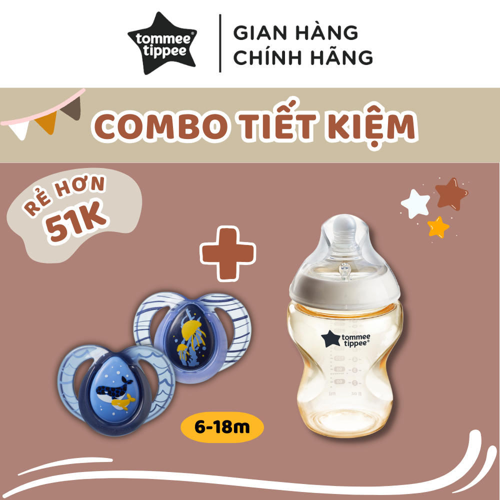 COMBO Ty ngậm dạ quang Tommee Tippee Night Time 6-18m & Bình sữa PPSU ty siêu mềm Tommee Tippee Natural Start 260ml