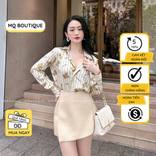 Áo sơ mi nữ lụa dài tay cao cấp công sở họa tiết gấu nâu kẻ sọc chữ , áo sơ mi họa tiết thiết kế MQ Boutique