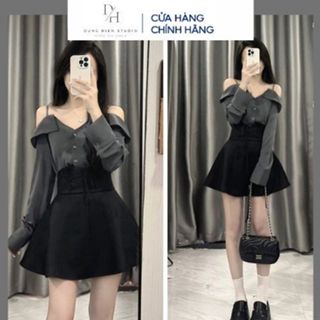 Set áo trễ vai tay dài kèm chân váy cạp cao DUNGHIEN STUDIO Set đồ nữ sang chảnh màu xám đi dự tiệc đi chơi siêu xinh