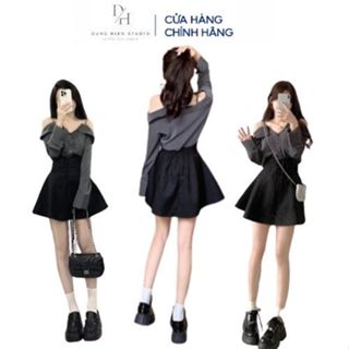  Set áo thun lụa tay dài trễ vai 2 dây kèm chân váy xếp ly xòe dáng chữ A có quần bảo hộ Dungdien studio - DH26 