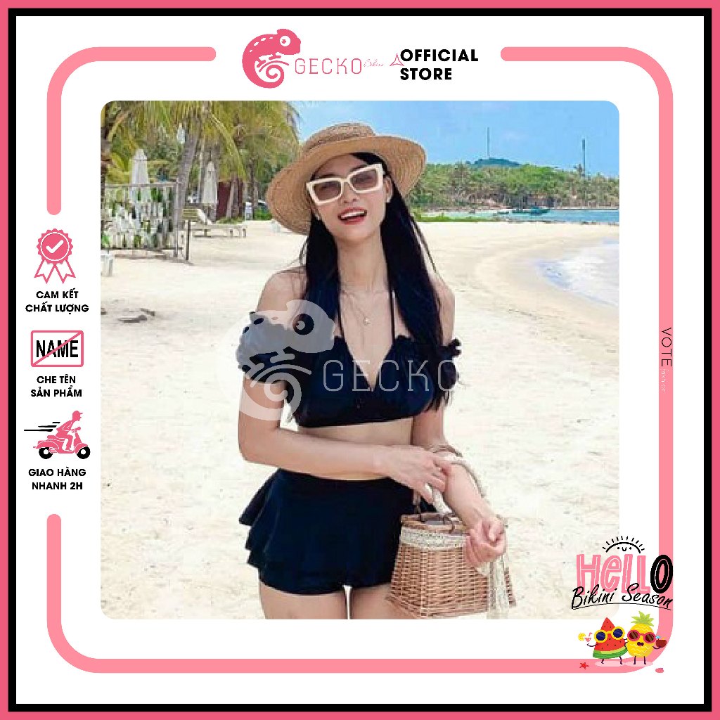 Bikini GECKO 2 Mảnh Tay Phồng Váy Tầng Có Quần Trong 2M11-D (Ảnh Thật)