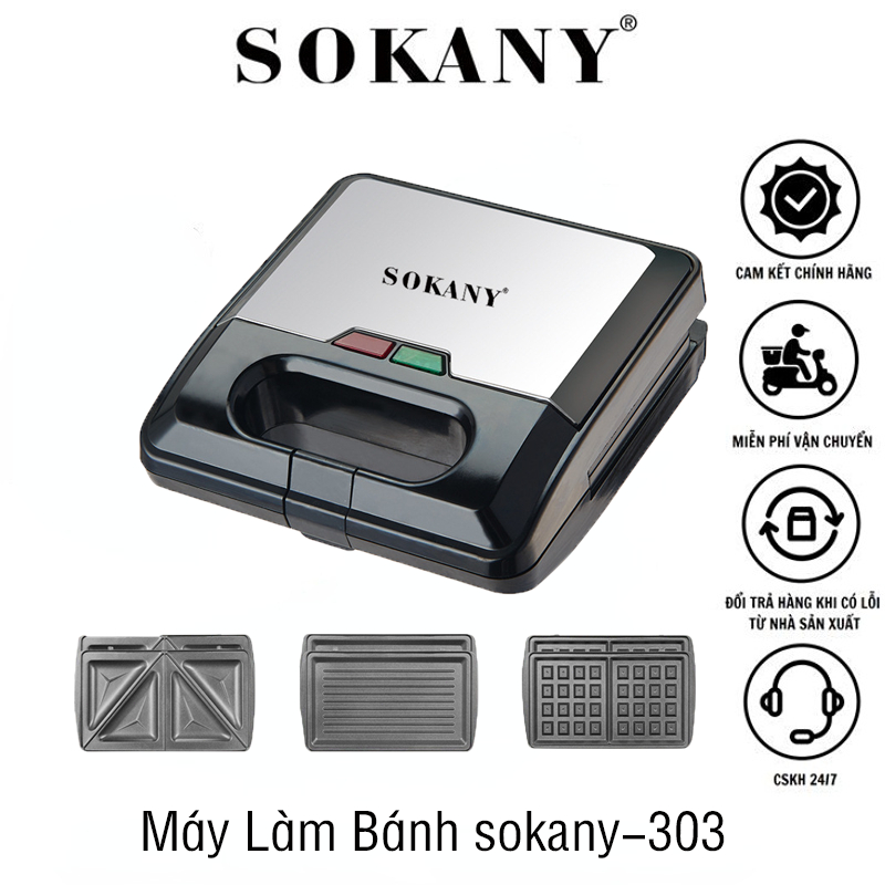 Máy làm bánh đa năng 3in1 bánh waffle, sandwich, chiên ép bánh mỳ Sokany 303 750W