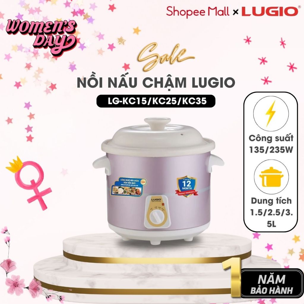 Nồi nấu chậm LUGIO Model LG-KC15/LG-KC25/ LG-KC35 3 Kích thước 1,5L/2,5L/3,5L đa năng chưng yến, nấu cháo, kho cá,...