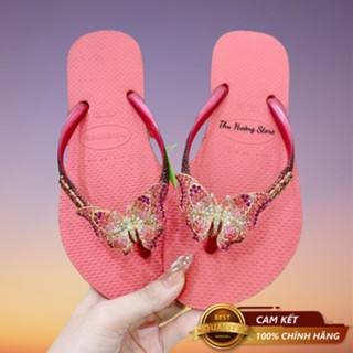 Dép Kẹp Nữ Havaianas Kim Tuyến Hồng Dâu Viền Loang Đính Phụ Kiện Bươm'