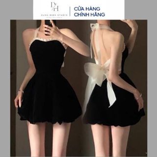 Đầm cổ yếm hở lưng thắt nơ dáng xoè đuôi bí Dh studio Váy body nữ ôm eo màu đen trắng sexy phong cách Hàn Quốc dự tiệc