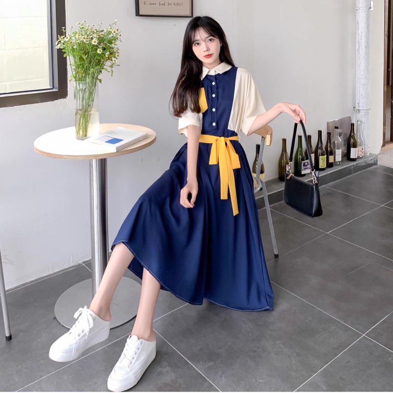 Đầm váy xanh đen phối tay trắng cổ sơ mi phá cách dạo phố