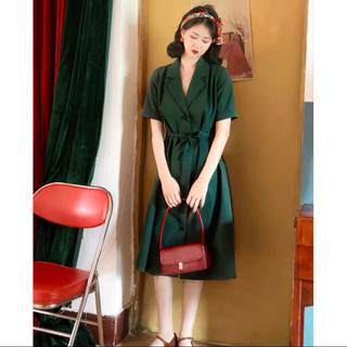 Đầm váy sơ mi thanh lịch xanh lính cam đất dạo phố