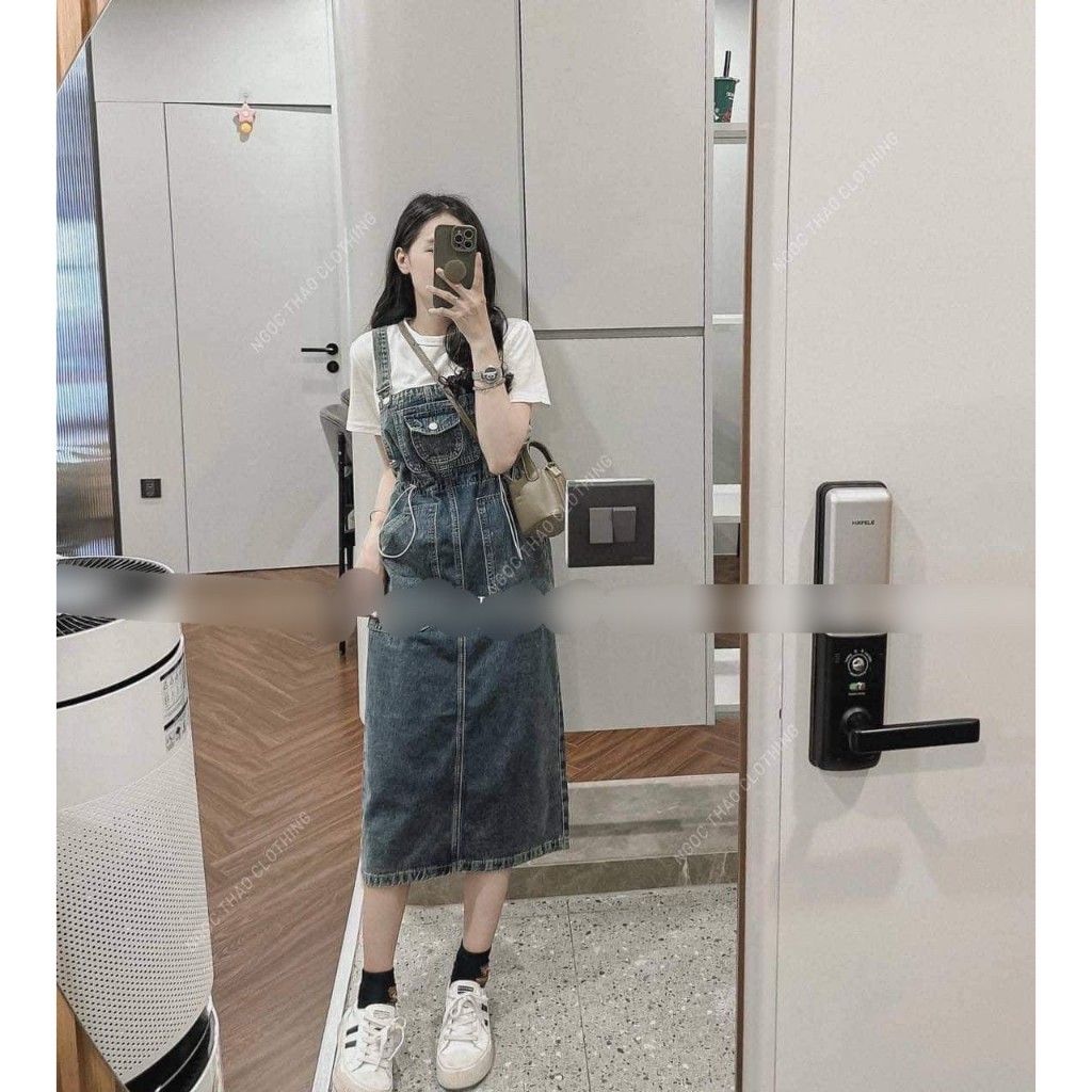 Set yếm váy jean phối túi trước rút dây hai bên kèm áo thun trắng có tăng đưa form 40-58kg